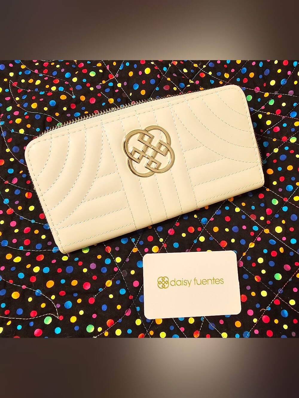 Daisy Fuentes Ivory Quilted Zip-Around Wallet with Gold Emblem